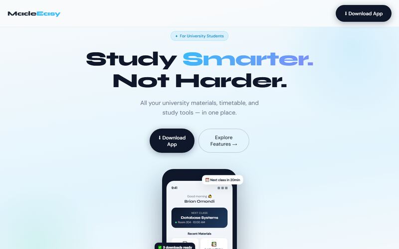 Made Easy study app landing page, built by ByKabiro Labs